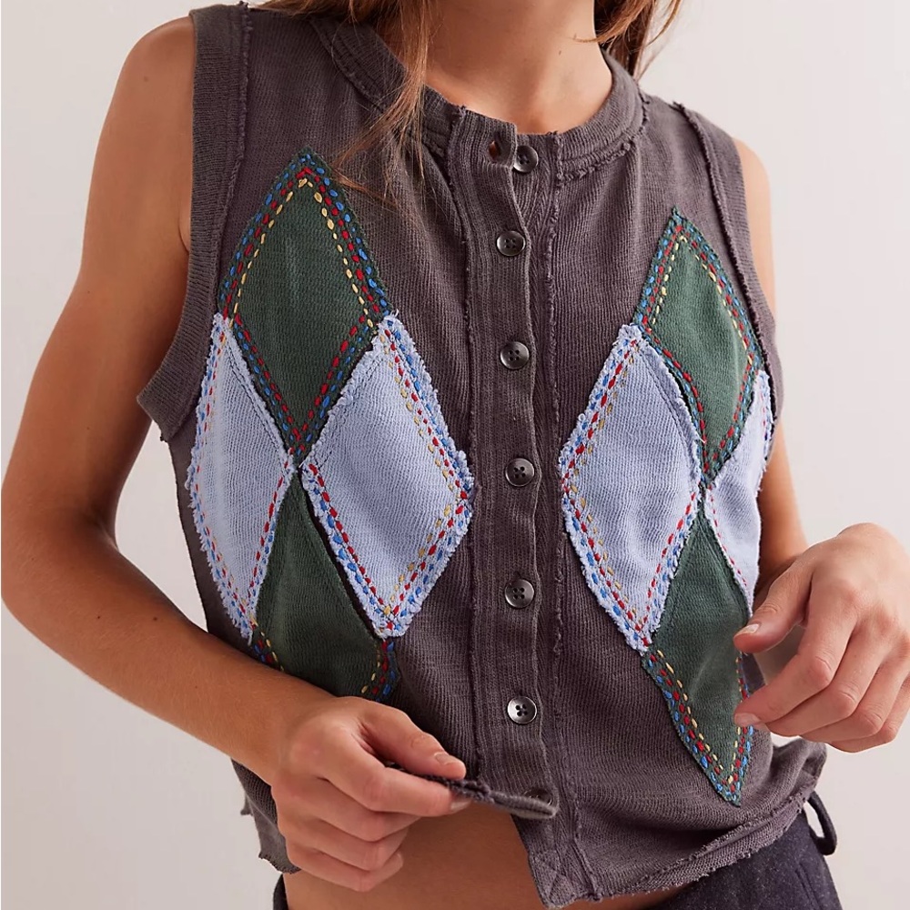 Free People Charcoal Gray Knit Vest with Green & Light Blue Argyle - Picture 3 of 9